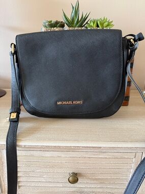 Michael Kors Black Crossbody Leather Saddle Bag with Gold Hardware